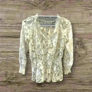 Lace Boho Ivory Floral Women’s Long Sleeve Top Ruffle Neckline Elasticized Waist